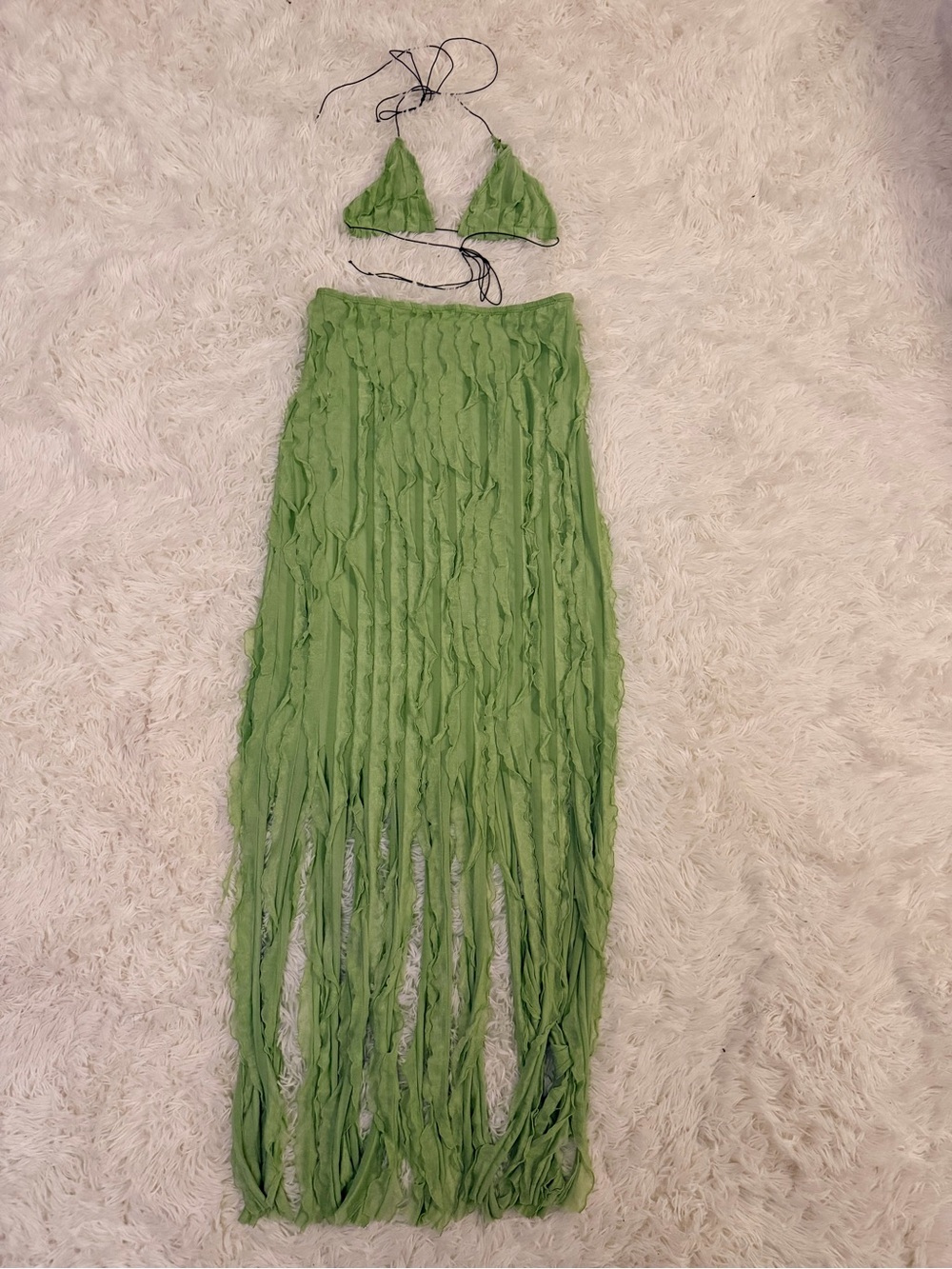 Green Two-Piece Fringe Set - Triangle Top + Maxi Fringe Skirt